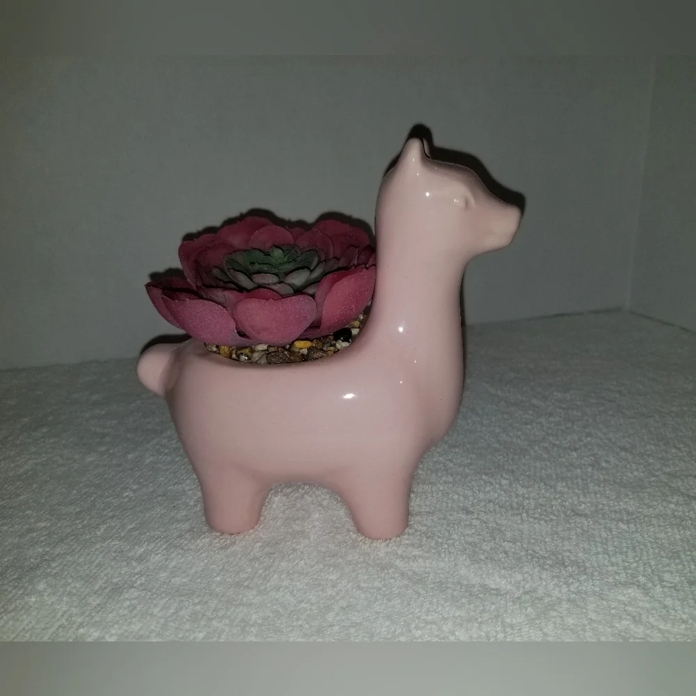 Pink Ceramic Llama Decorative Planter  Home Accent Succulent